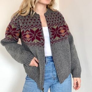 Gray Woolrich zip up Nordic snowflake pattern knit cardigan sweater size XL